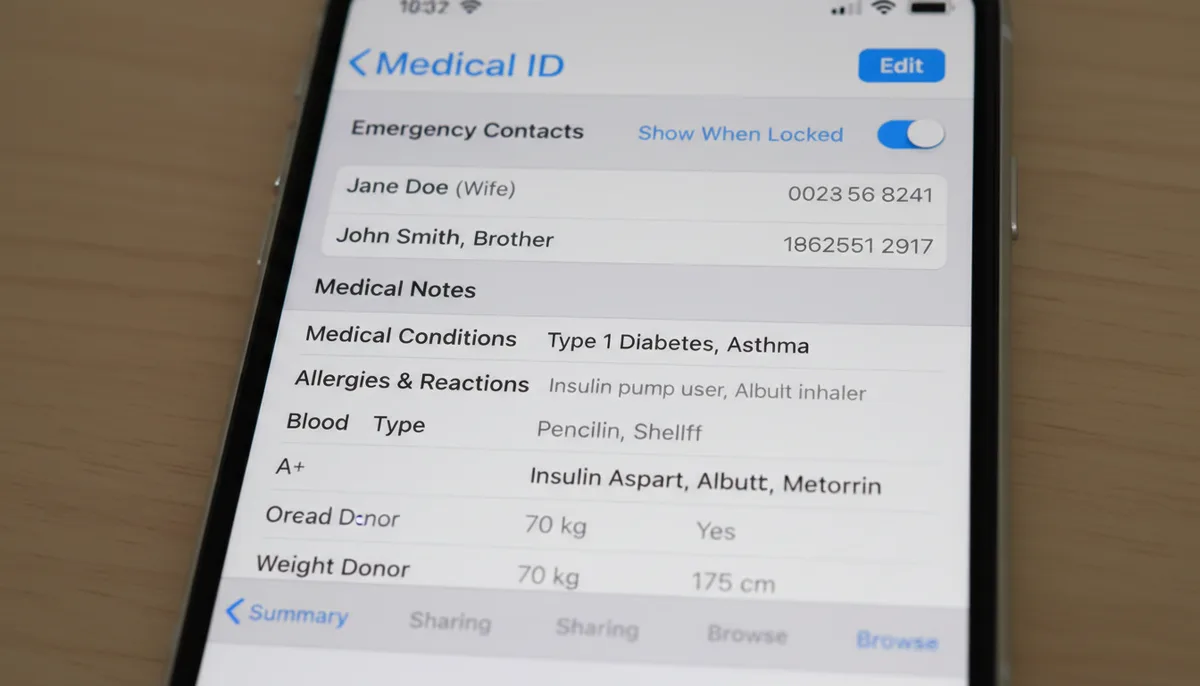 экран iPhone с открытой медкартой, заполненные поля экстренных контактов и медицинской информации