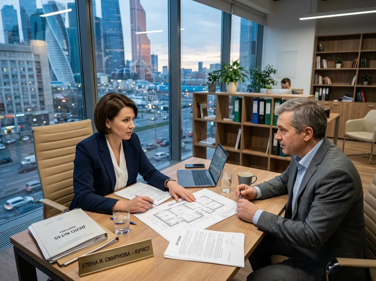 юрист и клиент за столом с документами и планом квартиры, городской офис