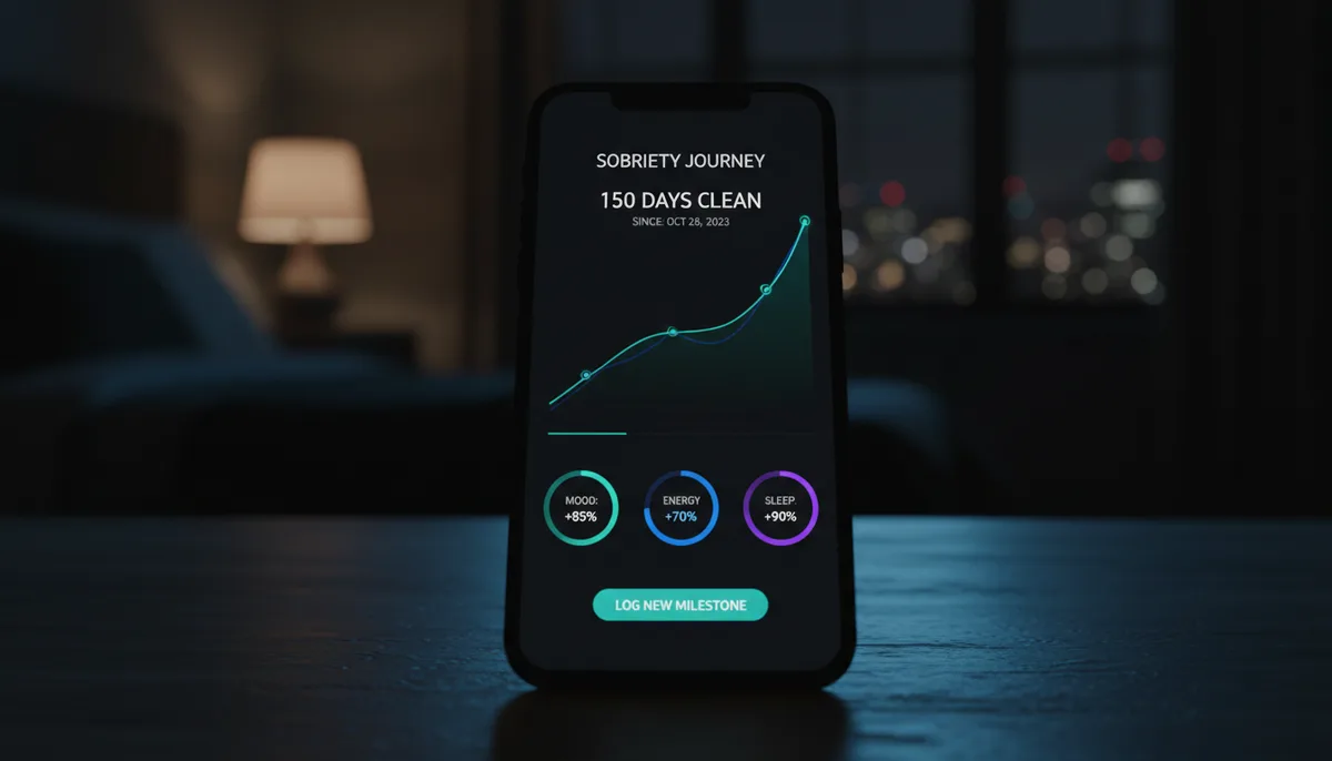 Экран смартфона с графиком прогресса трезвости, тёмная тема интерфейса, ночная обстановка